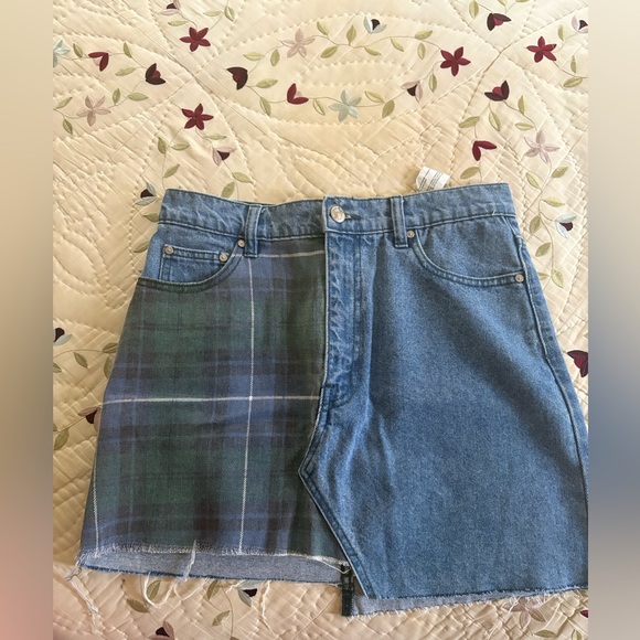 Pull&Bear Dresses & Skirts - Pull&Bear Two-Tone Denim and Green Plaid Mini Skirt